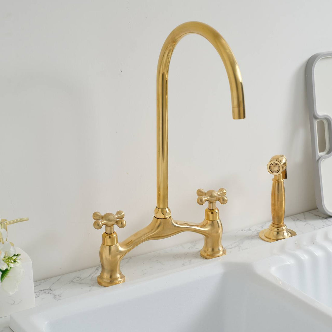 Victorian Bridge Unlacquered Brass Kitchen Faucet – Simple Cross Handle