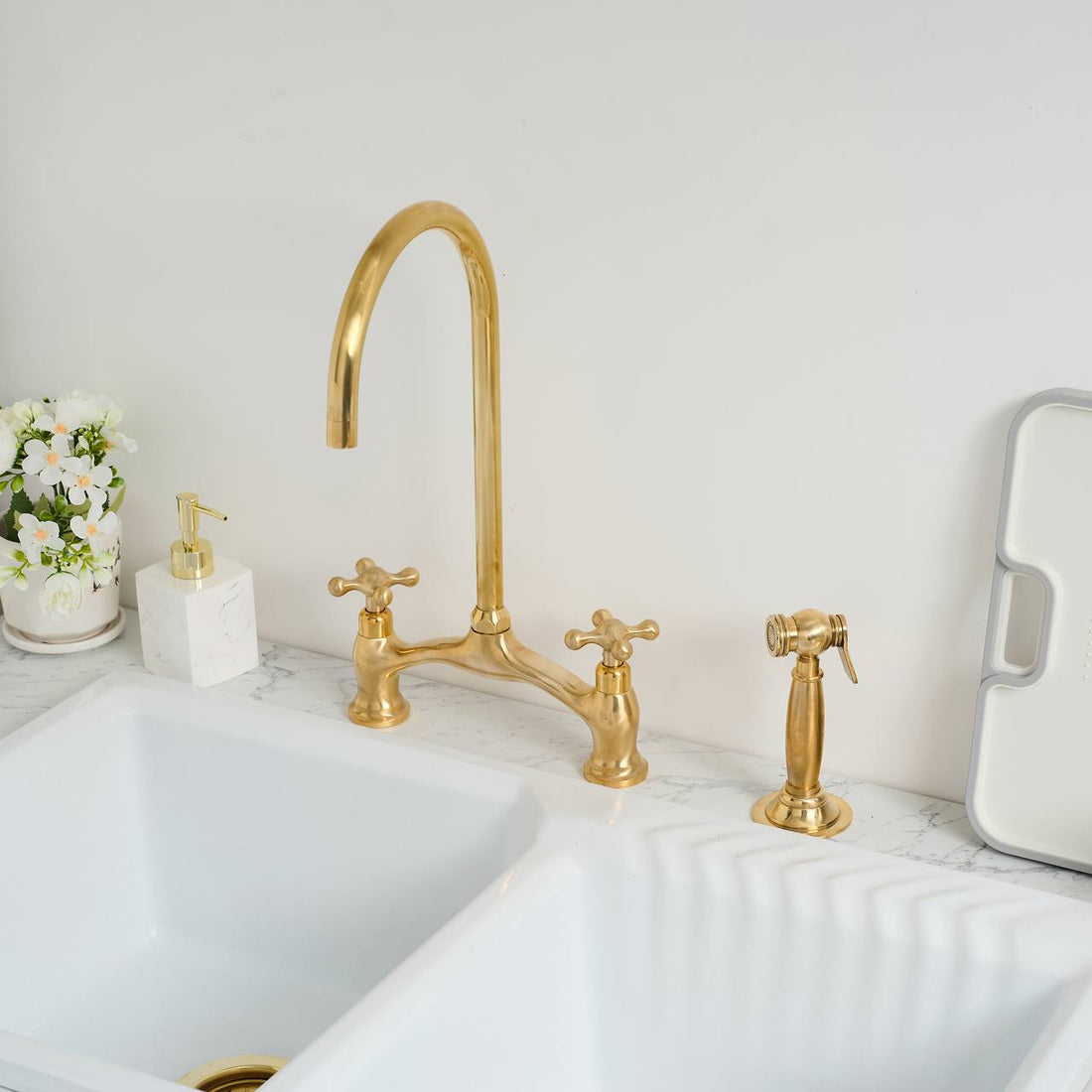 Victorian Bridge Unlacquered Brass Kitchen Faucet – Simple Cross Handle