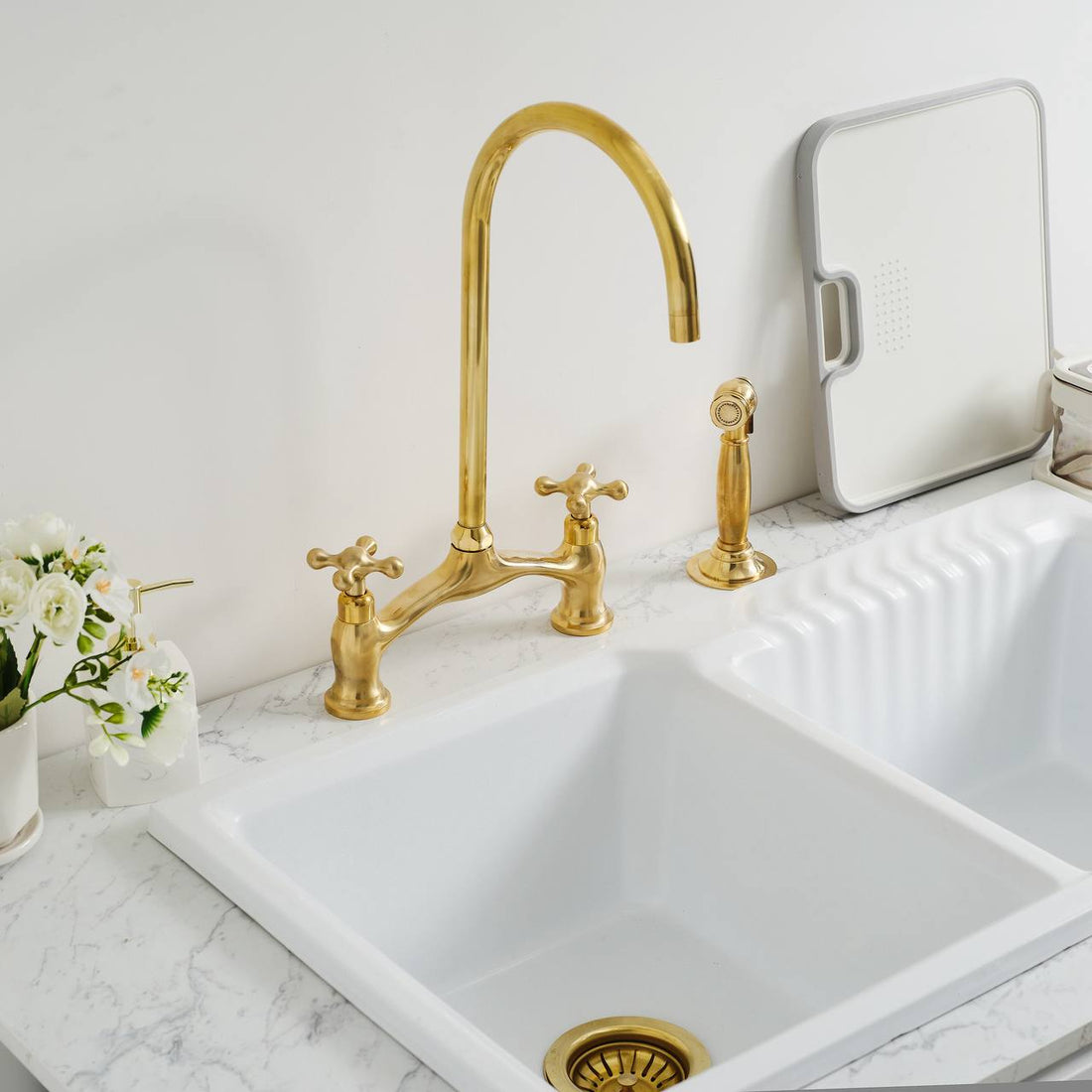Victorian Bridge Unlacquered Brass Kitchen Faucet – Simple Cross Handle