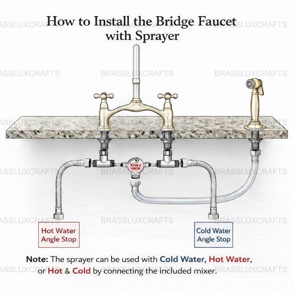 Victorian Bridge Unlacquered Brass Kitchen Faucet – Simple Cross Handle