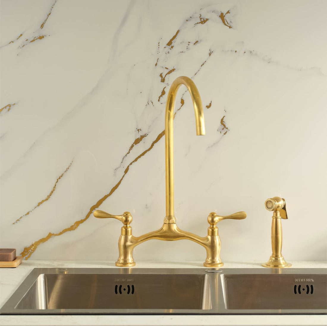 Victorian Bridge Unlacquered Brass Kitchen Faucet – Lever Handle