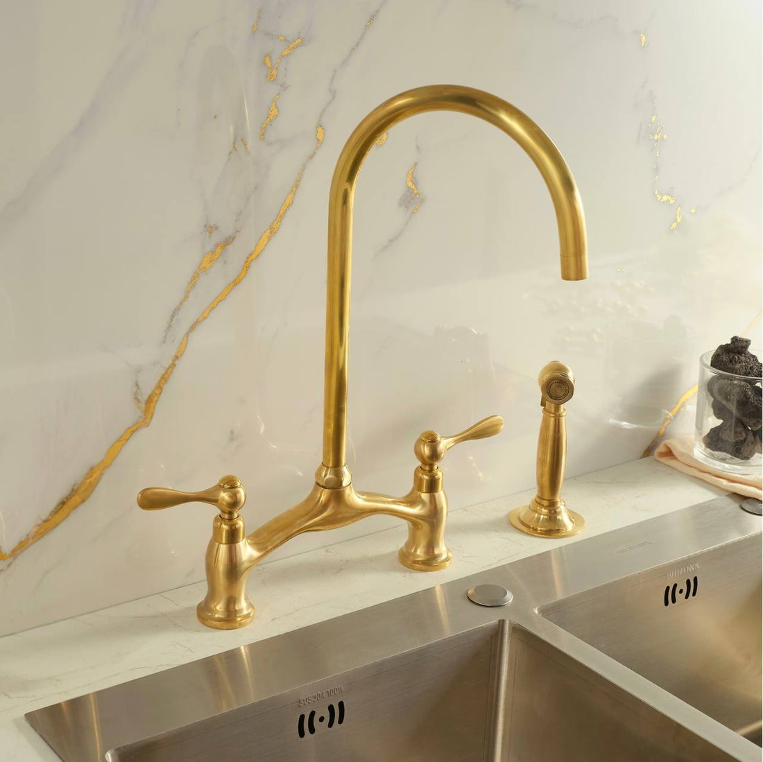 Victorian Bridge Unlacquered Brass Kitchen Faucet – Lever Handle