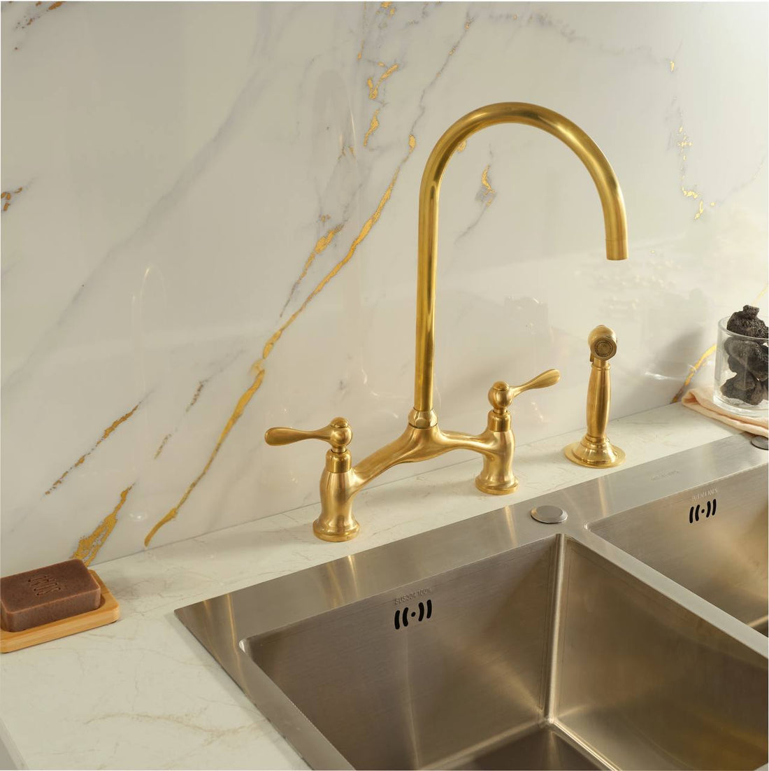 Victorian Bridge Unlacquered Brass Kitchen Faucet – Lever Handle