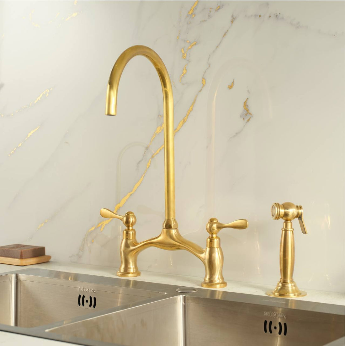 Victorian Bridge Unlacquered Brass Kitchen Faucet – Lever Handle