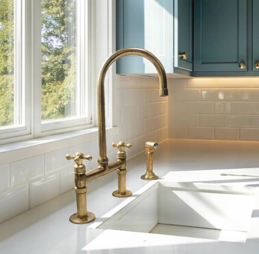 Brooklyn Bridge Unlacquered Brass Kitchen Faucet | Simple Cross Handles