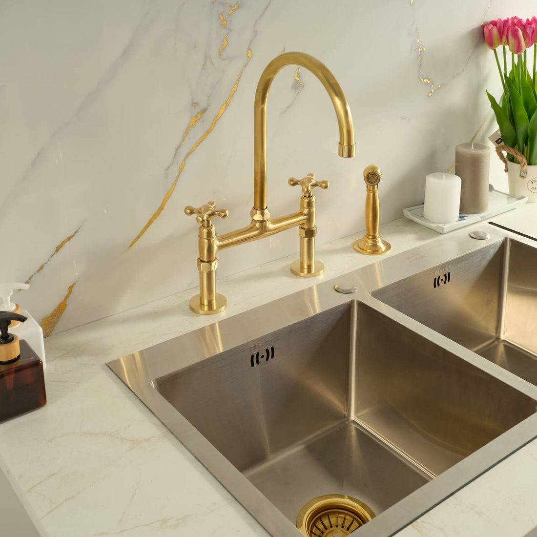 Brooklyn Bridge Unlacquered Brass Kitchen Faucet | Simple Cross Handles