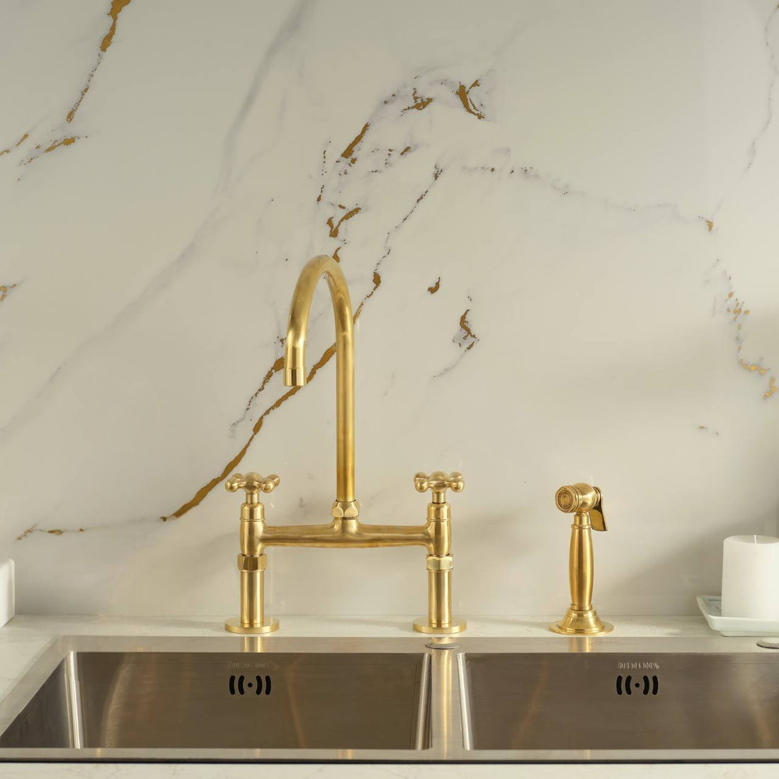 Brooklyn Bridge Unlacquered Brass Kitchen Faucet | Simple Cross Handles