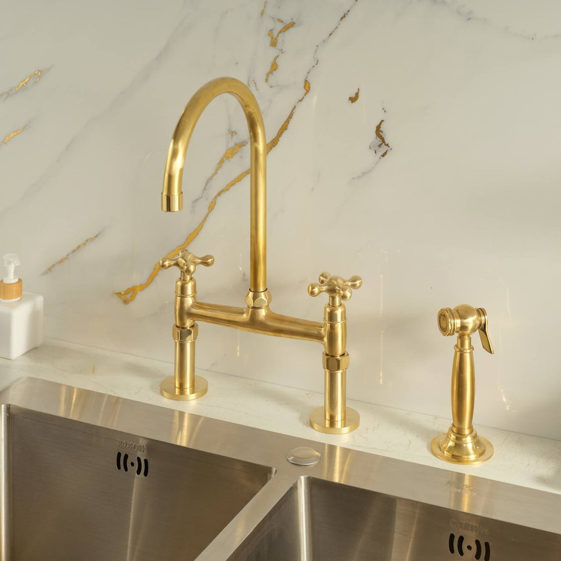 Brooklyn Bridge Unlacquered Brass Kitchen Faucet | Simple Cross Handles