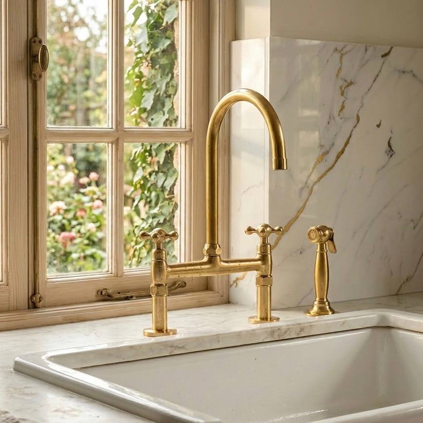 Brooklyn Bridge Unlacquered Brass Kitchen Faucet | Simple Cross Handles