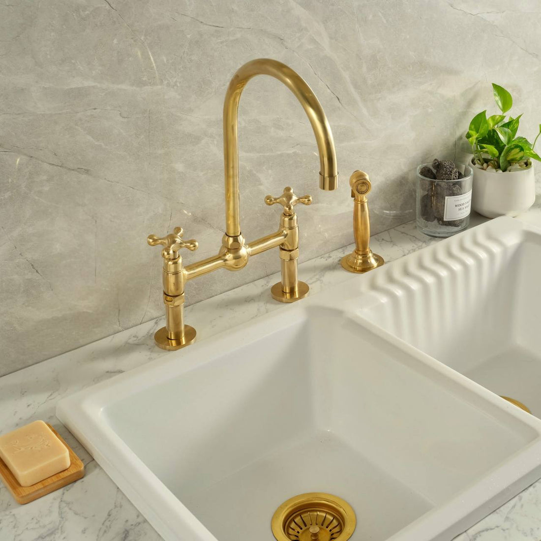 Ball Bridge Unlacquered Brass Kitchen Faucet | Simple Cross Handles