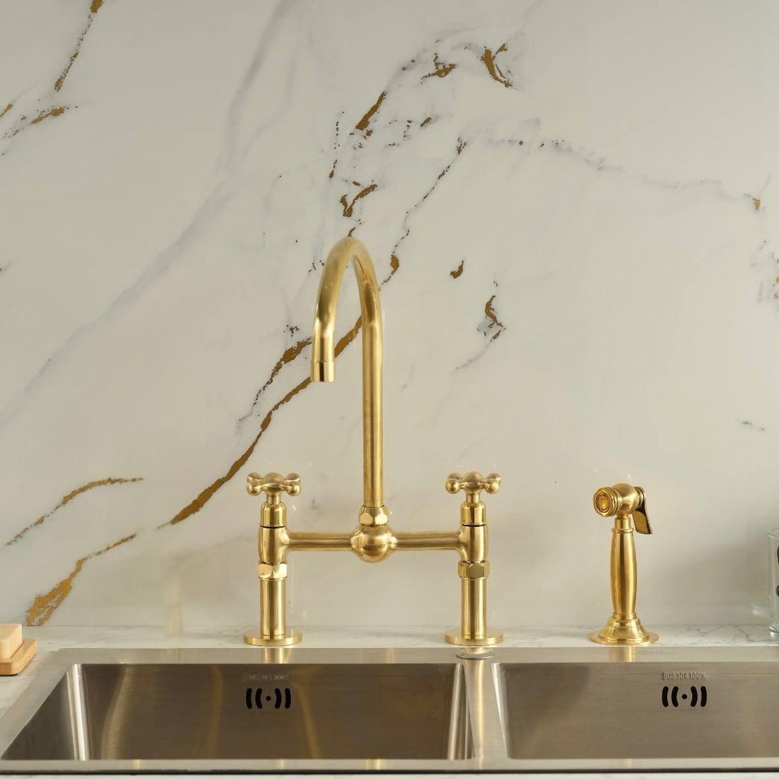 Ball Bridge Unlacquered Brass Kitchen Faucet | Simple Cross Handles