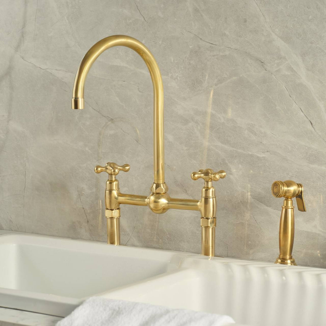 Ball Bridge Unlacquered Brass Kitchen Faucet | Simple Cross Handles