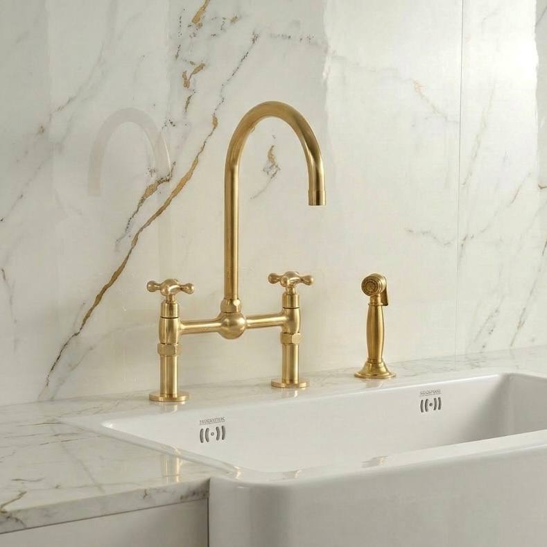 Ball Bridge Unlacquered Brass Kitchen Faucet | Simple Cross Handles