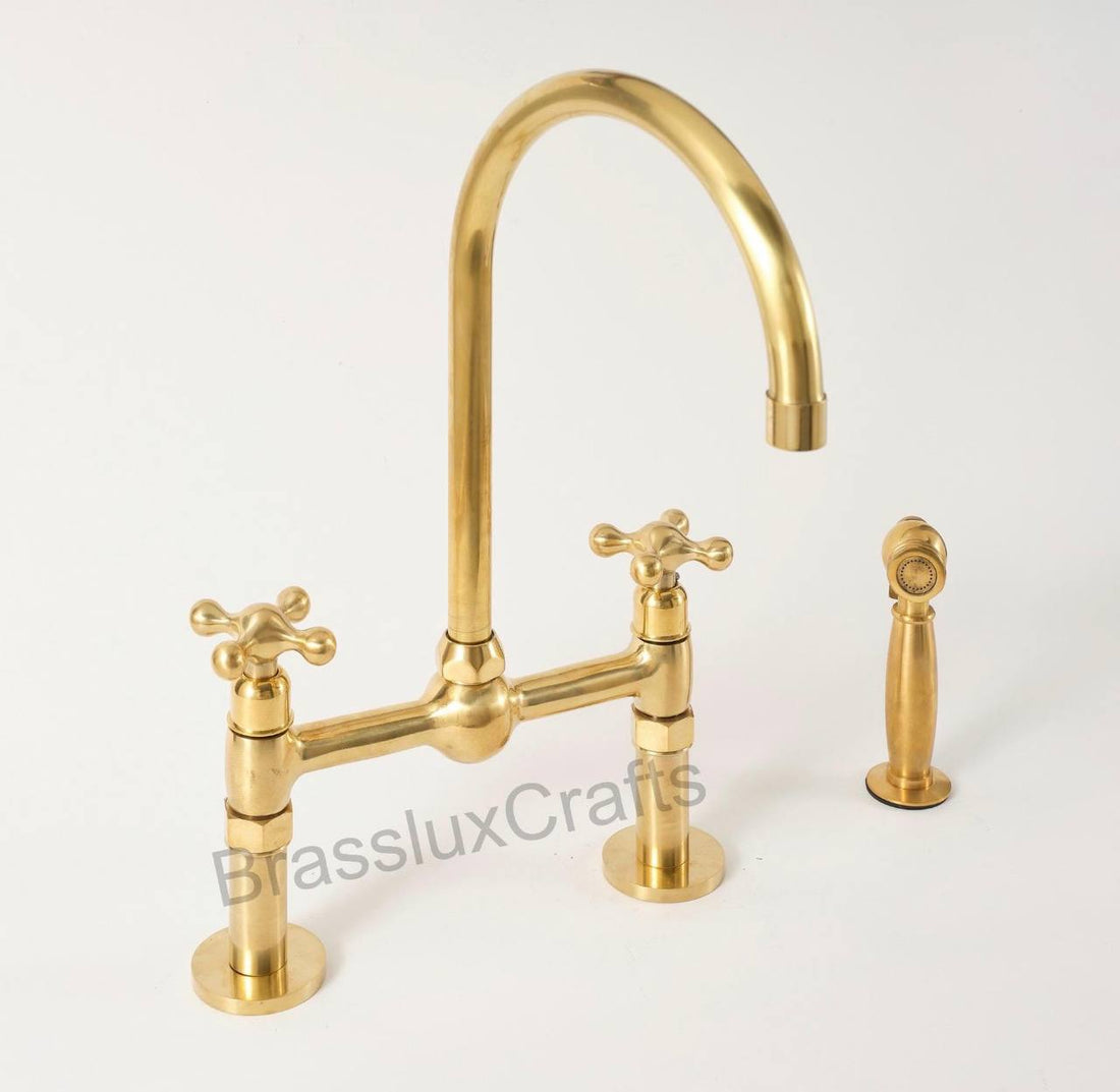 Ball Bridge Unlacquered Brass Kitchen Faucet | Simple Cross Handles