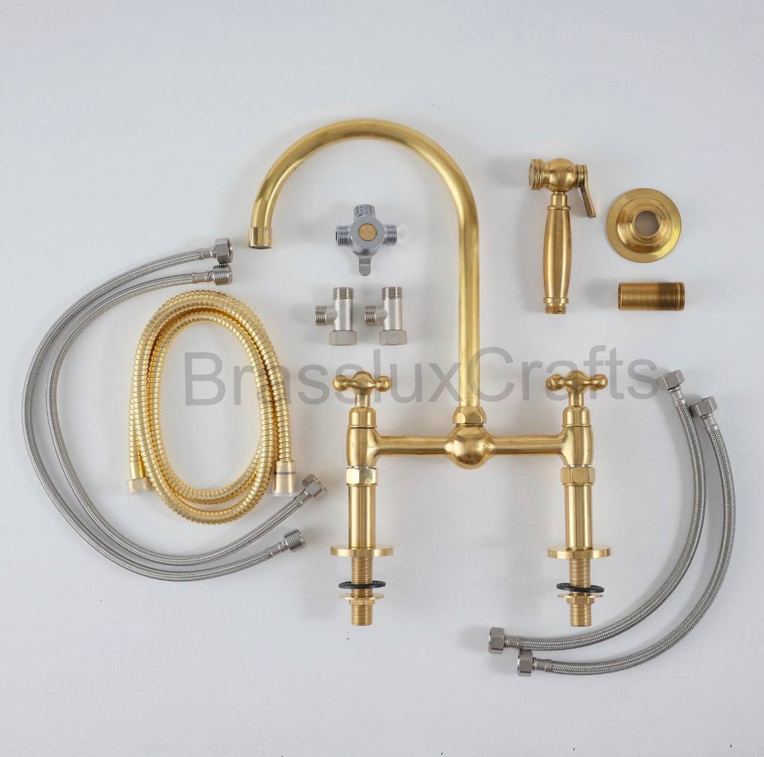 Ball Bridge Unlacquered Brass Kitchen Faucet | Simple Cross Handles