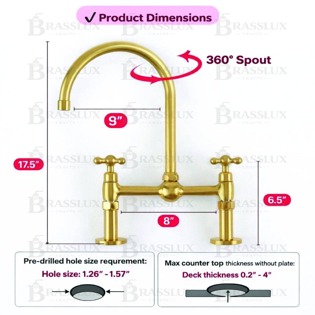 Ball Bridge Unlacquered Brass Kitchen Faucet | Simple Cross Handles