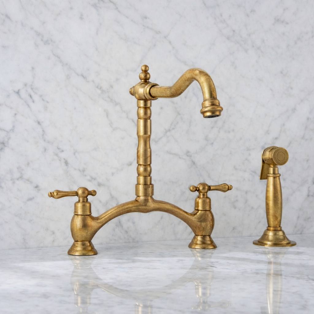 Signature Unlacquered Brass Bridge Kitchen Faucet with Side Sprayer