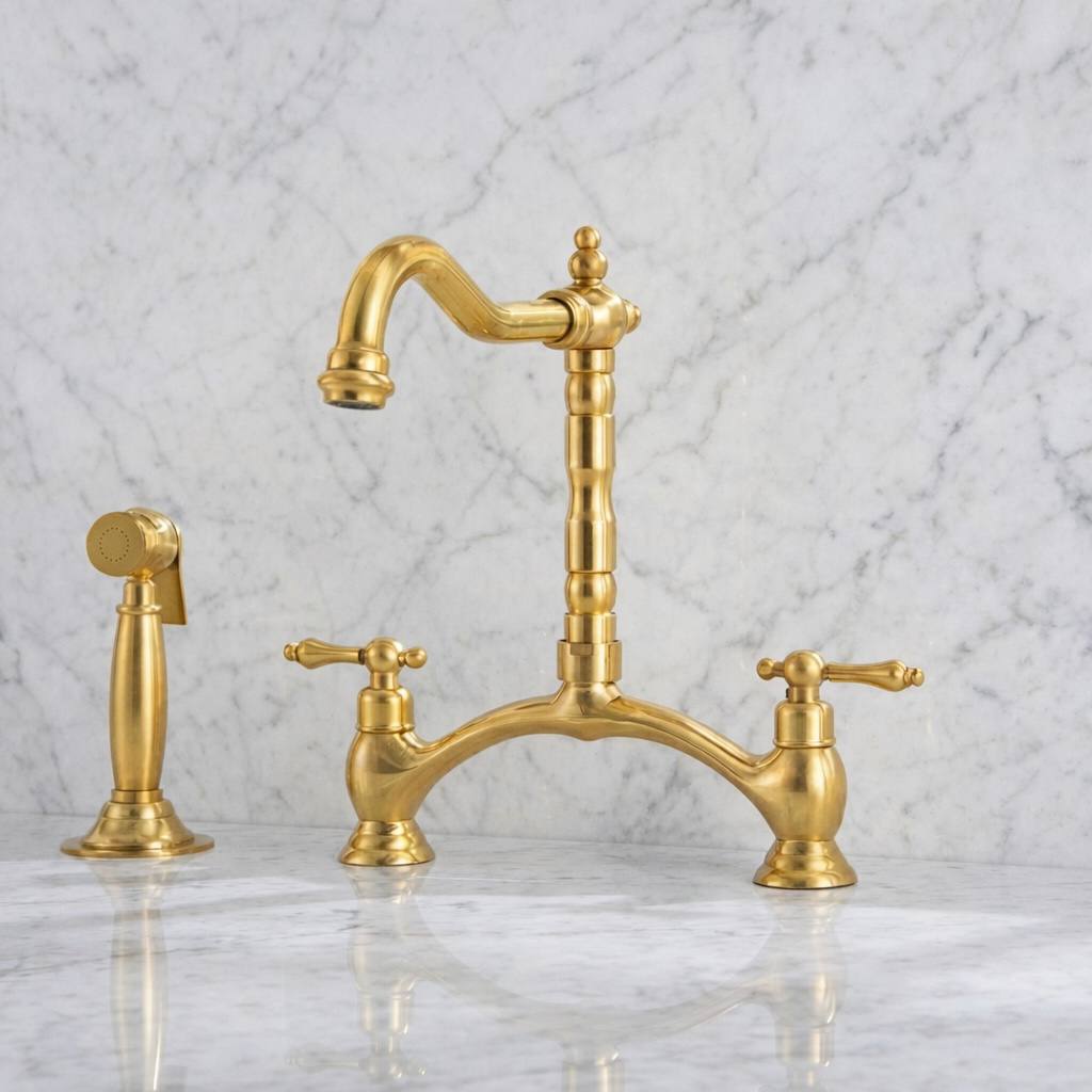 Signature Unlacquered Brass Bridge Kitchen Faucet with Side Sprayer
