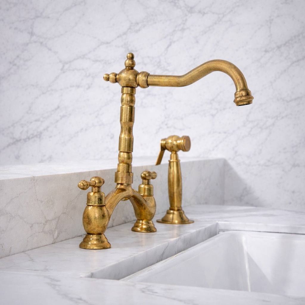 Signature Unlacquered Brass Bridge Kitchen Faucet with Side Sprayer