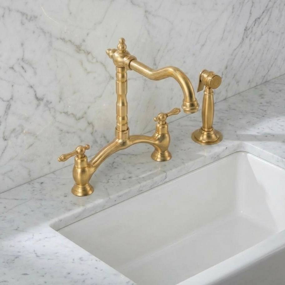 Signature Unlacquered Brass Bridge Kitchen Faucet with Side Sprayer