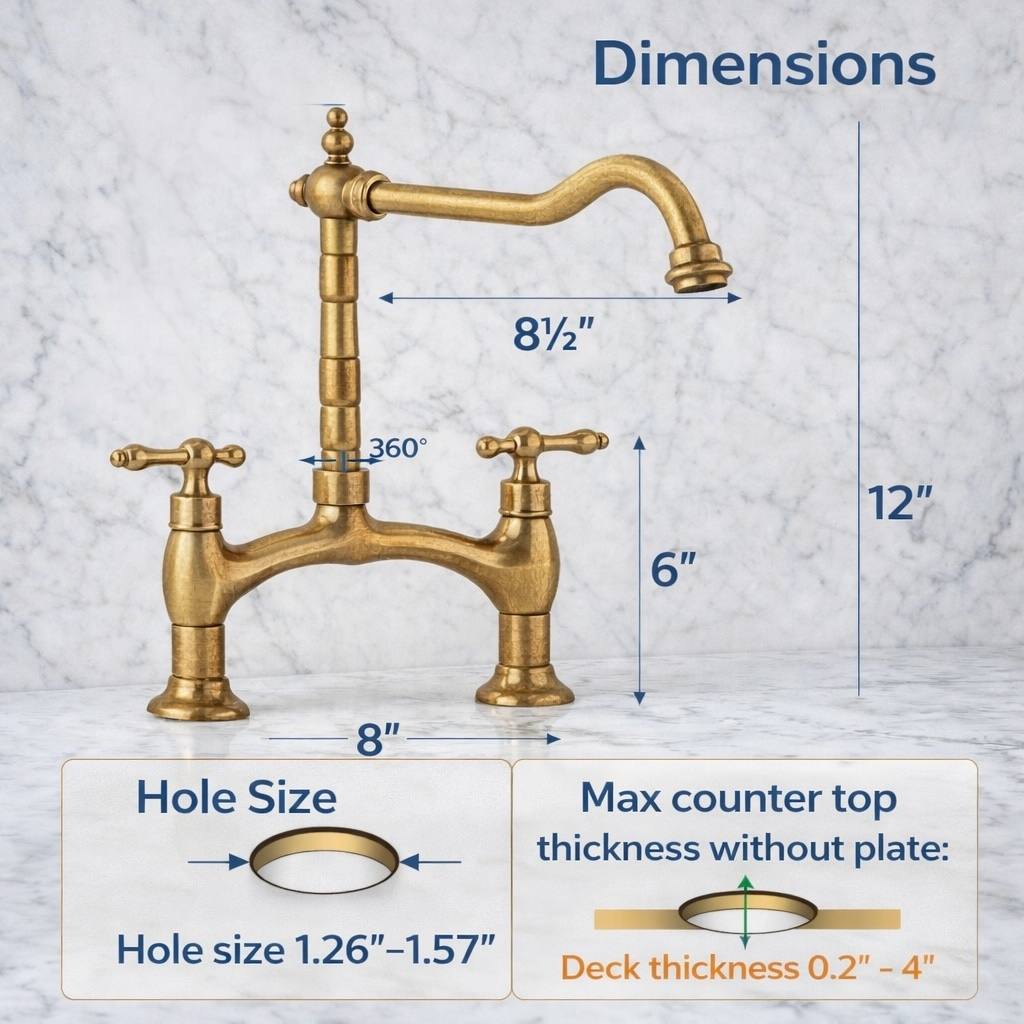 Signature Unlacquered Brass Bridge Kitchen Faucet with Side Sprayer