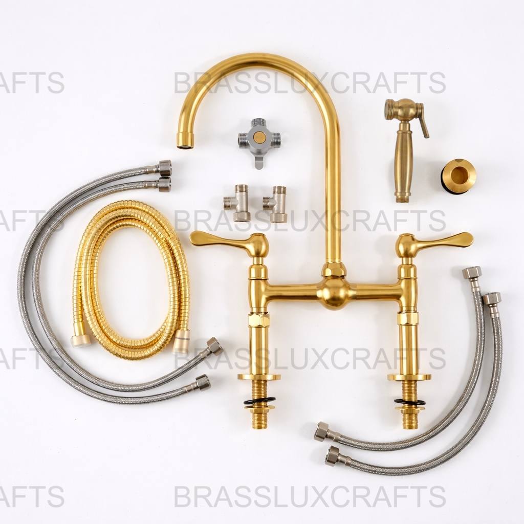 Ball Bridge Unlacquered Brass Kitchen Faucet - Lever Handles