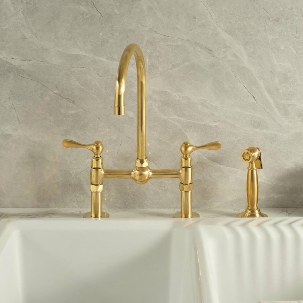 Ball Bridge Unlacquered Brass Kitchen Faucet - Lever Handles