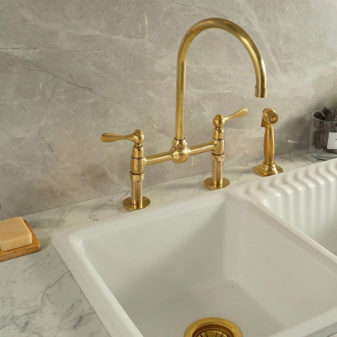Ball Bridge Unlacquered Brass Kitchen Faucet - Lever Handles