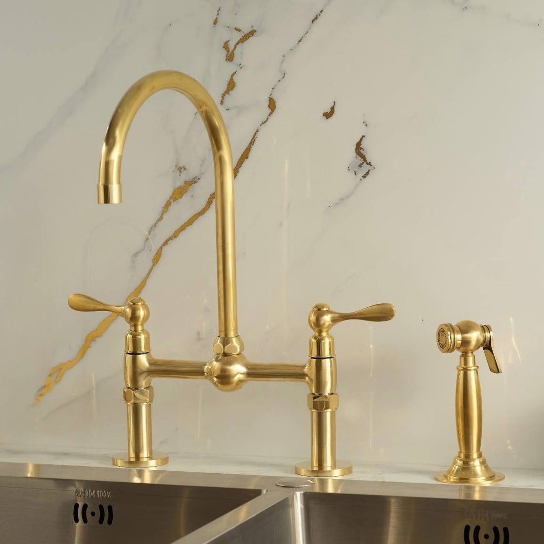 Ball Bridge Unlacquered Brass Kitchen Faucet - Lever Handles