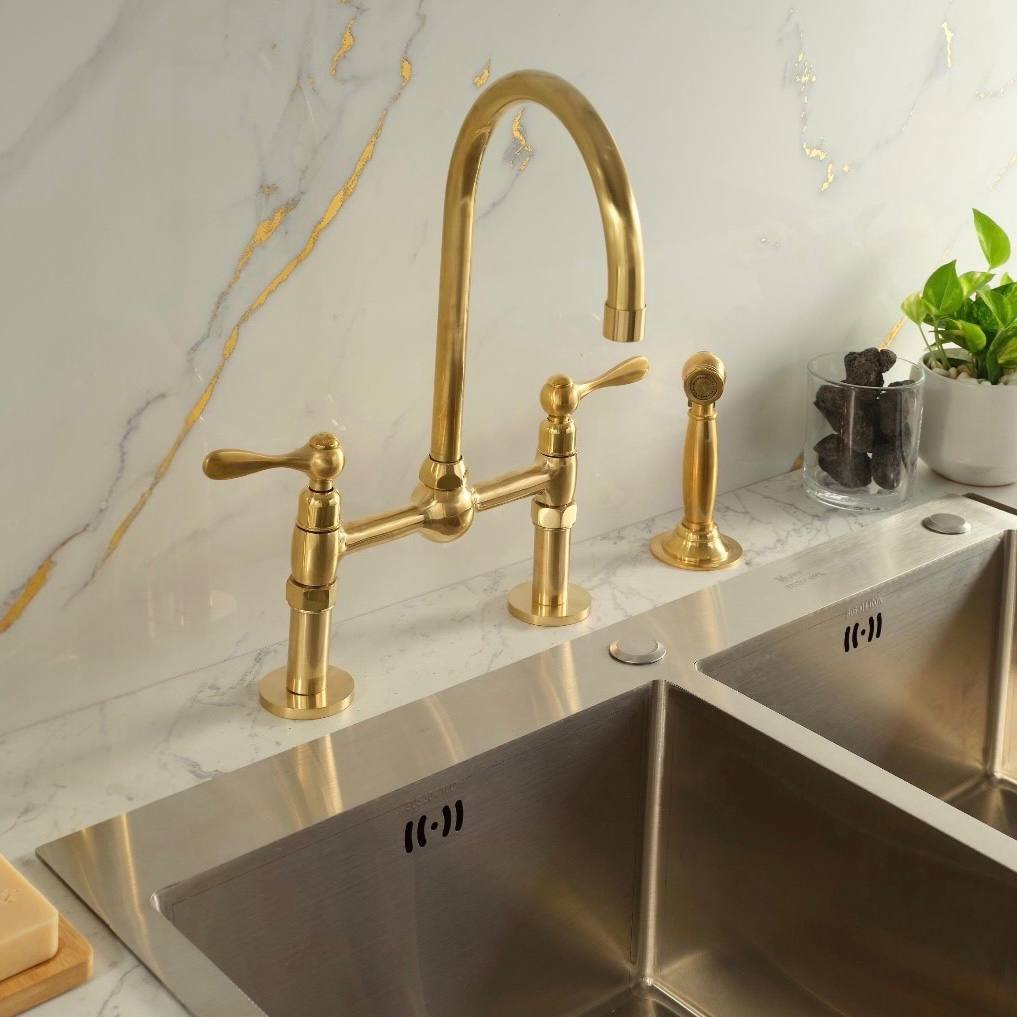 Ball Bridge Unlacquered Brass Kitchen Faucet - Lever Handles