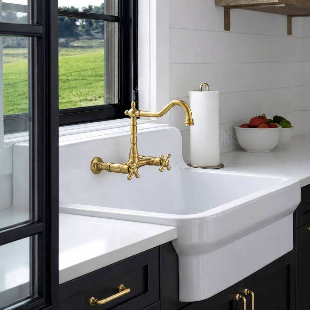 Classic Wall-Mount Unlacquered Brass Faucet | Cross Handles