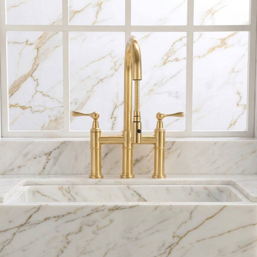 Fremont 3 Holes Pull-Down Bridge Faucet | Unlacquered Brass