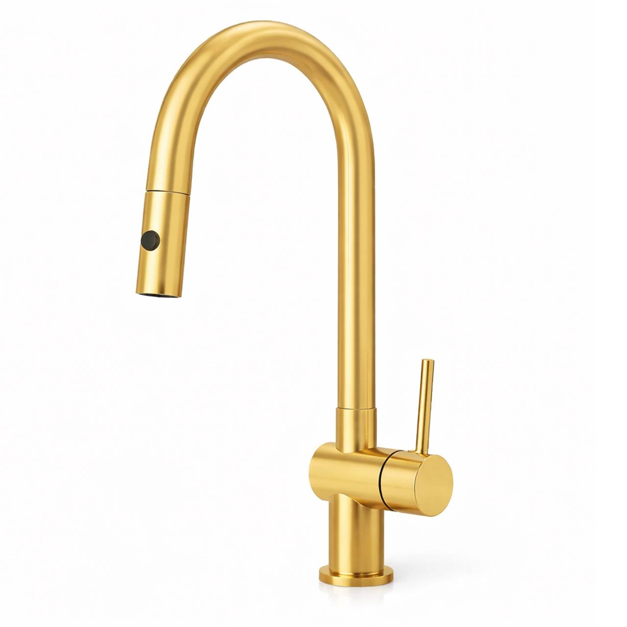 brass kitchen faucet with pull down spray and high arc spout