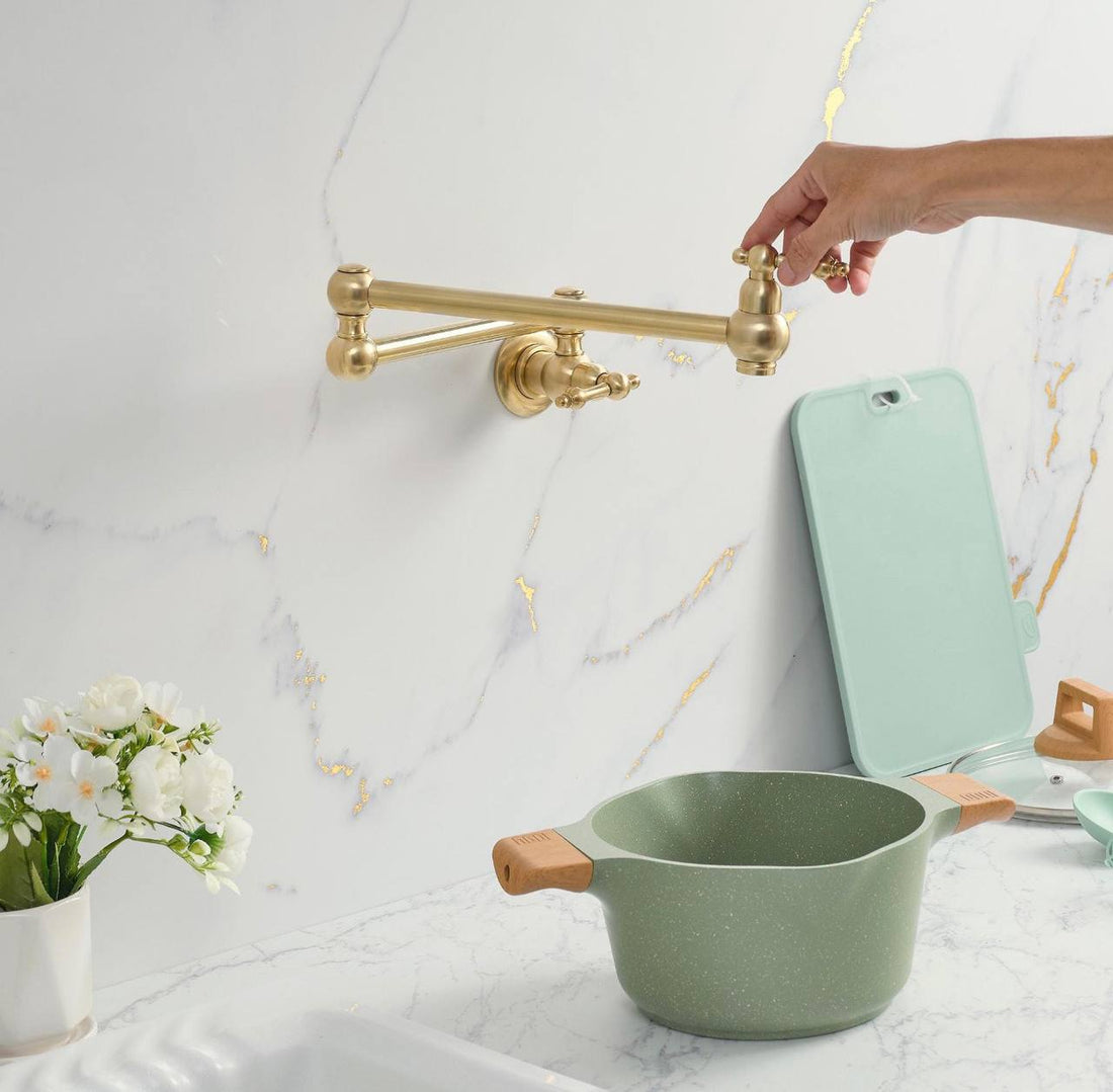Haven Unlacquered Brass Wall Mount Pot Filler | Mini Lever Handle