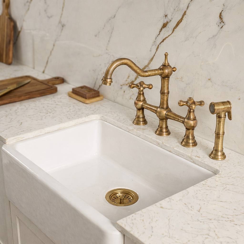 Opal Bridge Unlacquered Brass 3-Hole Kitchen Faucet