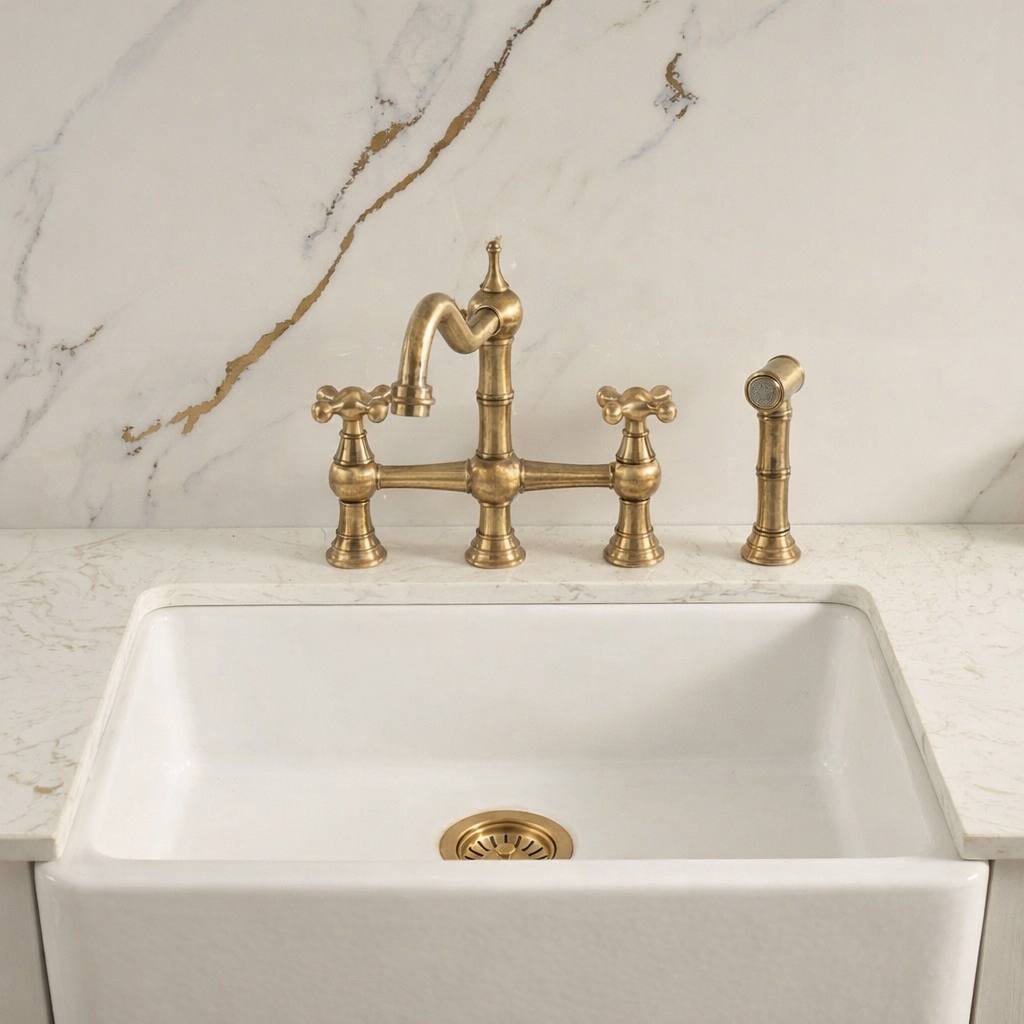 Opal Bridge Unlacquered Brass 3-Hole Kitchen Faucet