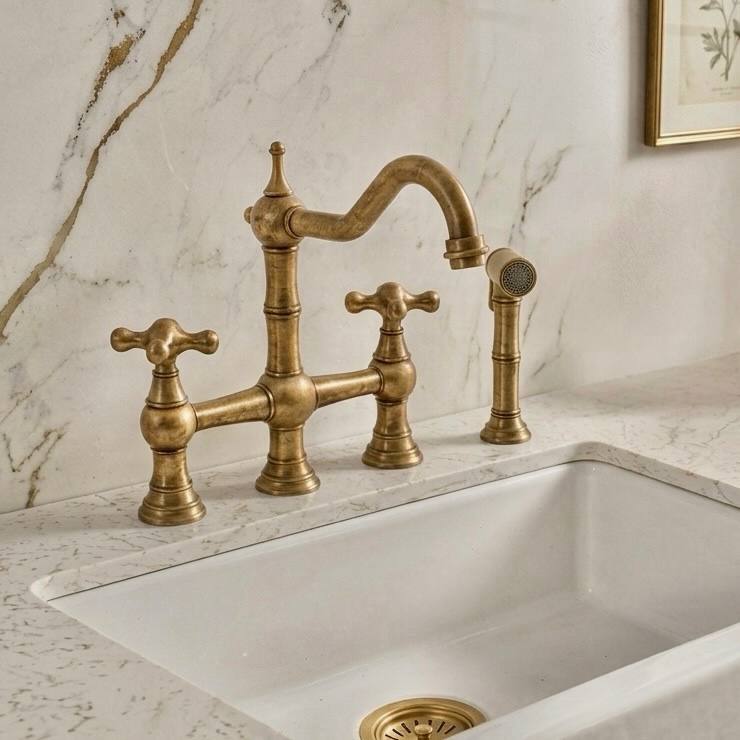 Opal Bridge Unlacquered Brass 3-Hole Kitchen Faucet