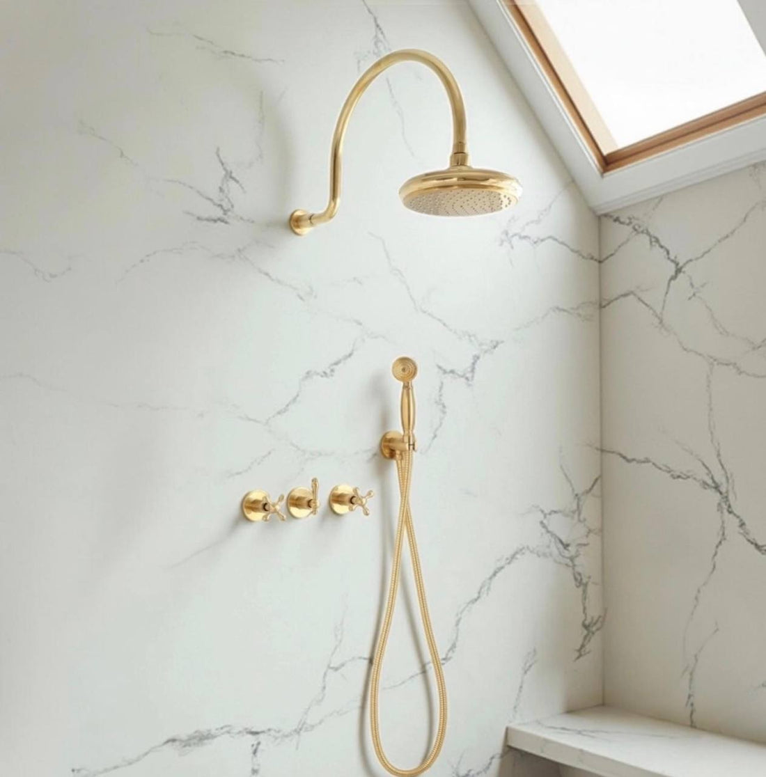 Atlas Unlacquered Brass Shower Head & Handheld Set