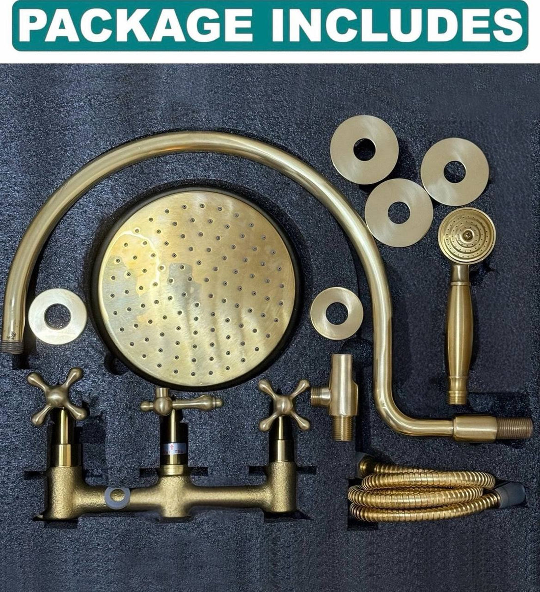 Atlas Unlacquered Brass Shower Head & Handheld Set