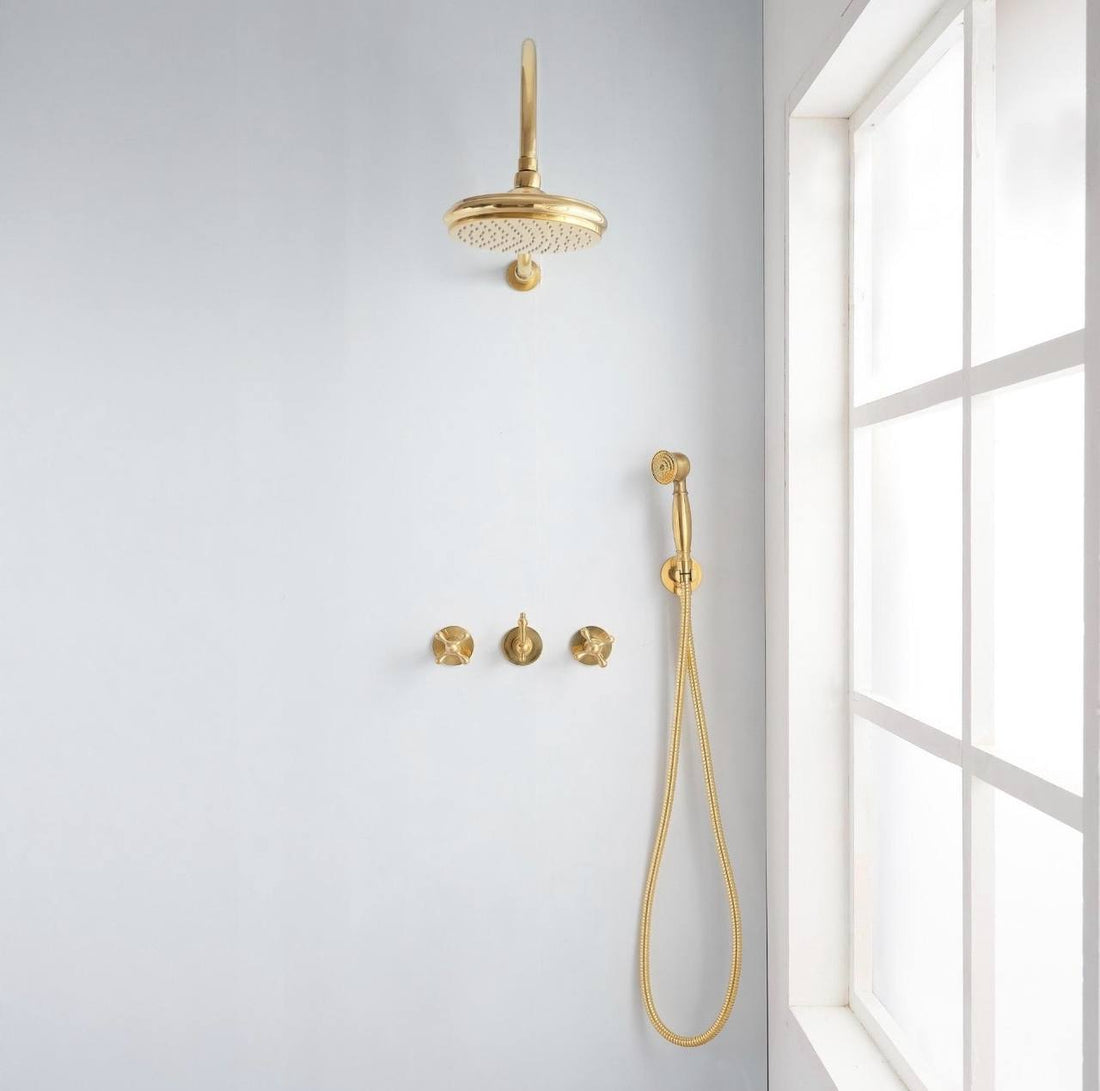 Atlas Unlacquered Brass Shower Head & Handheld Set