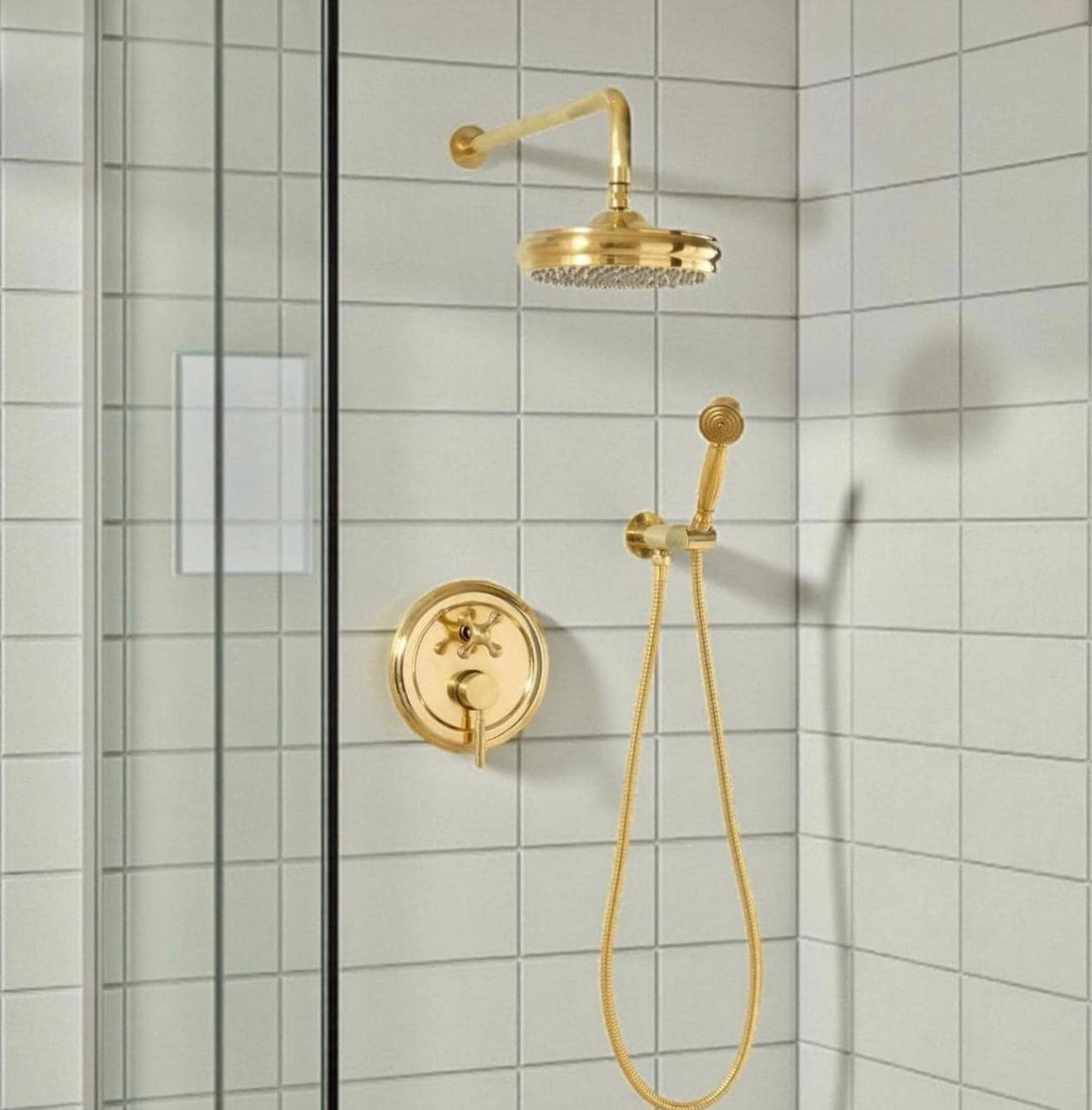Tracy Unlacquered Brass Shower Head & Handheld Set