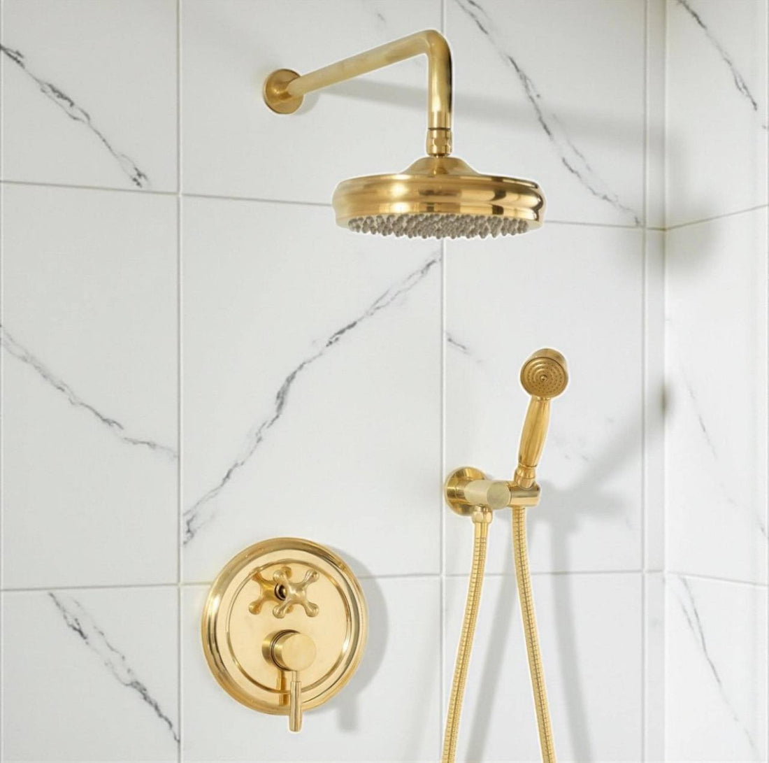 Tracy Unlacquered Brass Shower Head & Handheld Set
