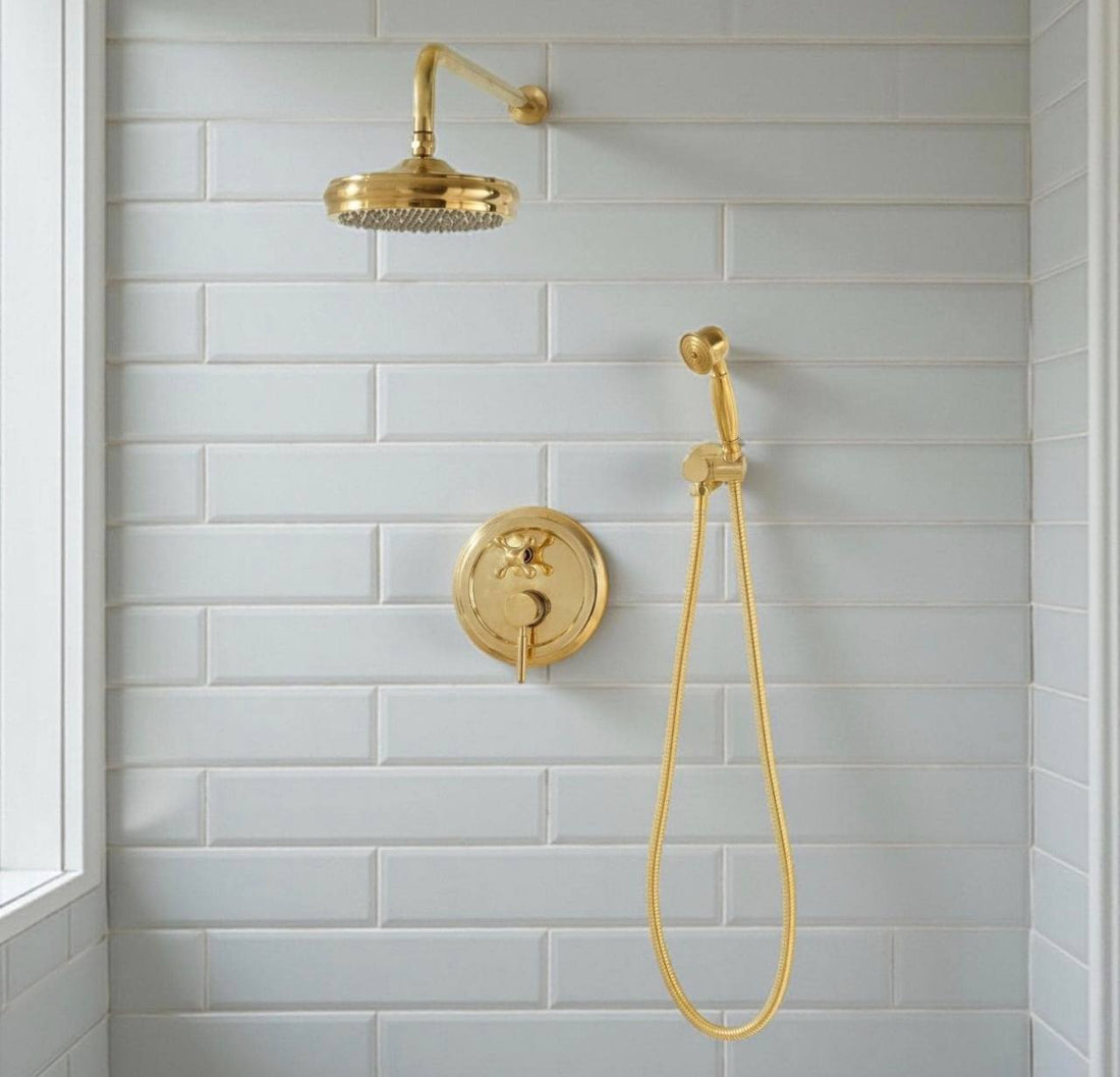 Tracy Unlacquered Brass Shower Head & Handheld Set