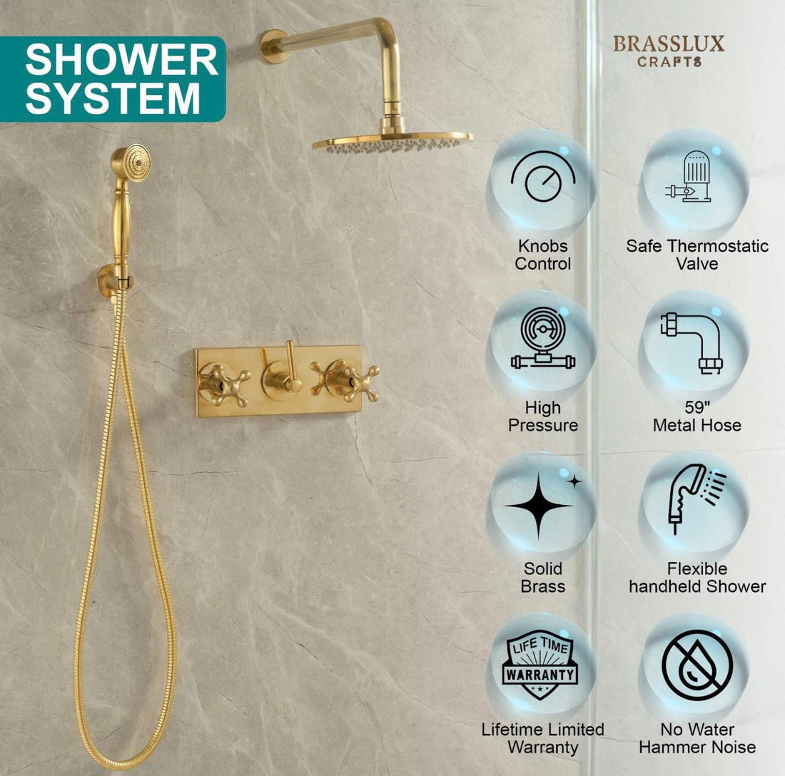 Pasadena Unlacquered Brass Shower System | Rainfall & Hand Shower