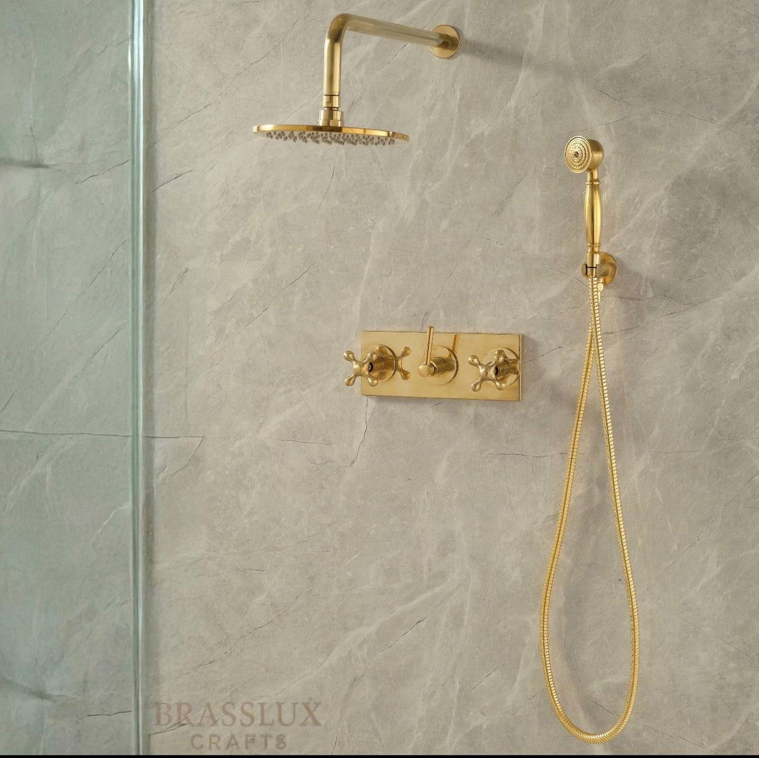 Pasadena Unlacquered Brass Shower System | Rainfall & Hand Shower
