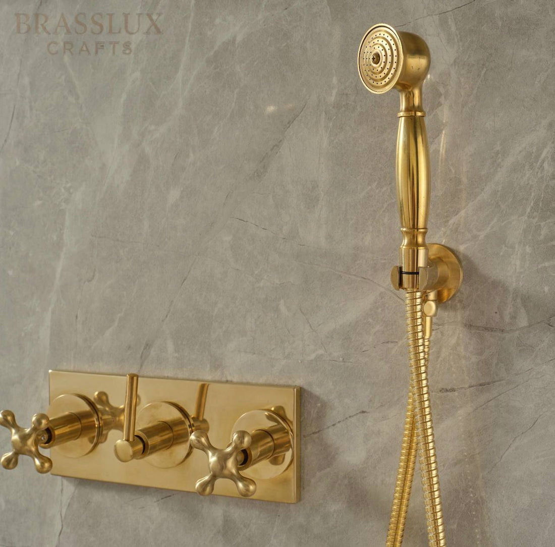 Pasadena Unlacquered Brass Shower System | Rainfall & Hand Shower