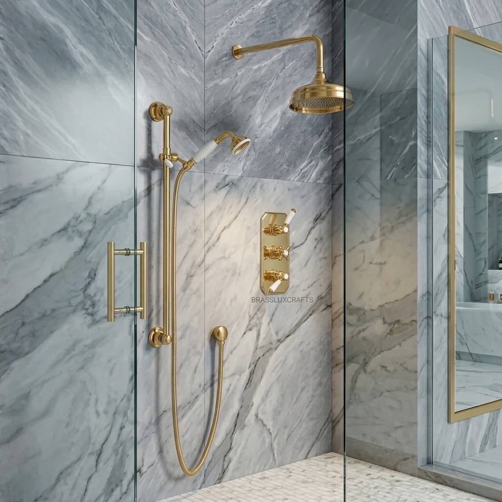 Patina Unlacquered Brass Thermostatic Two-Outlet Shower Valve