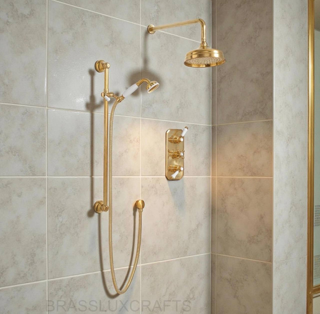 Patina Unlacquered Brass Thermostatic Two-Outlet Shower Valve
