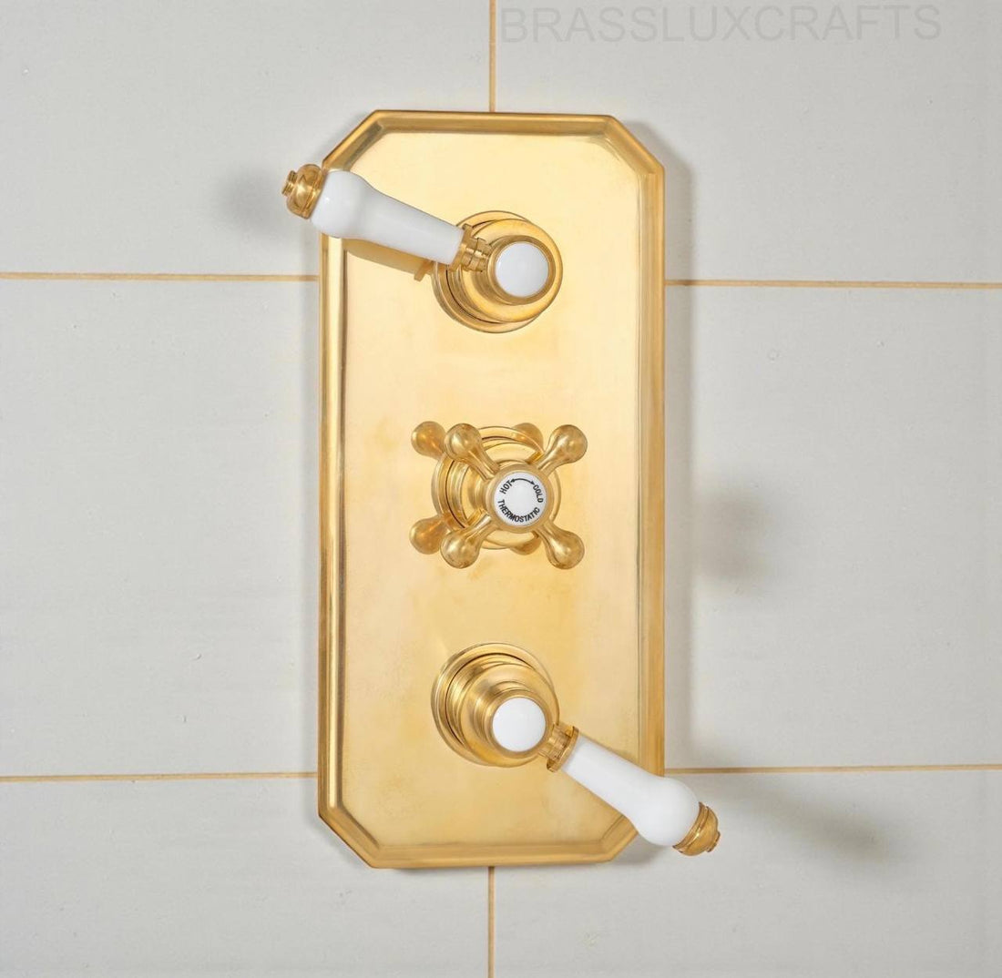 Patina Unlacquered Brass Thermostatic Two-Outlet Shower Valve