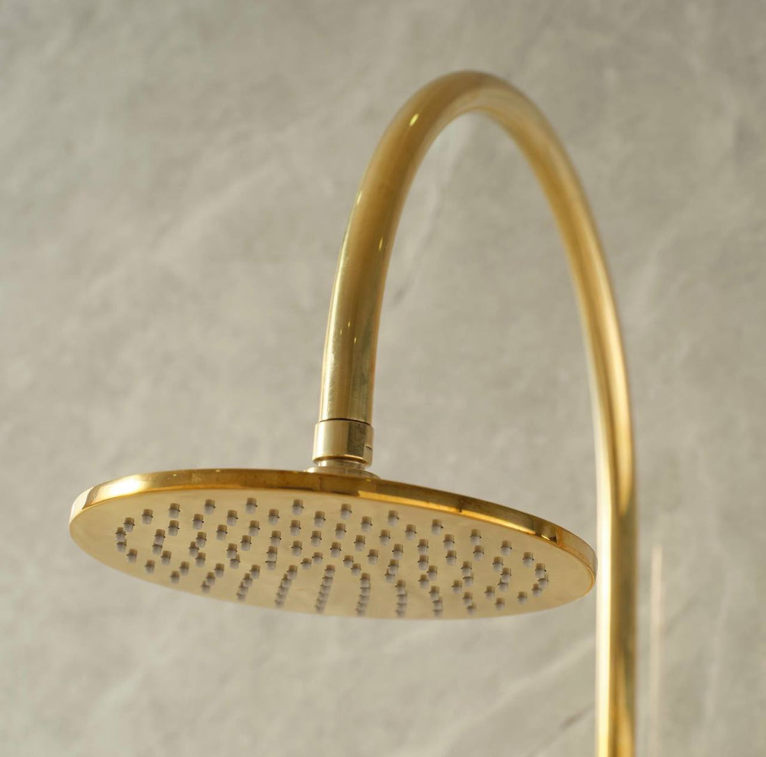 brass rainfall shower head with wall mount curved arm